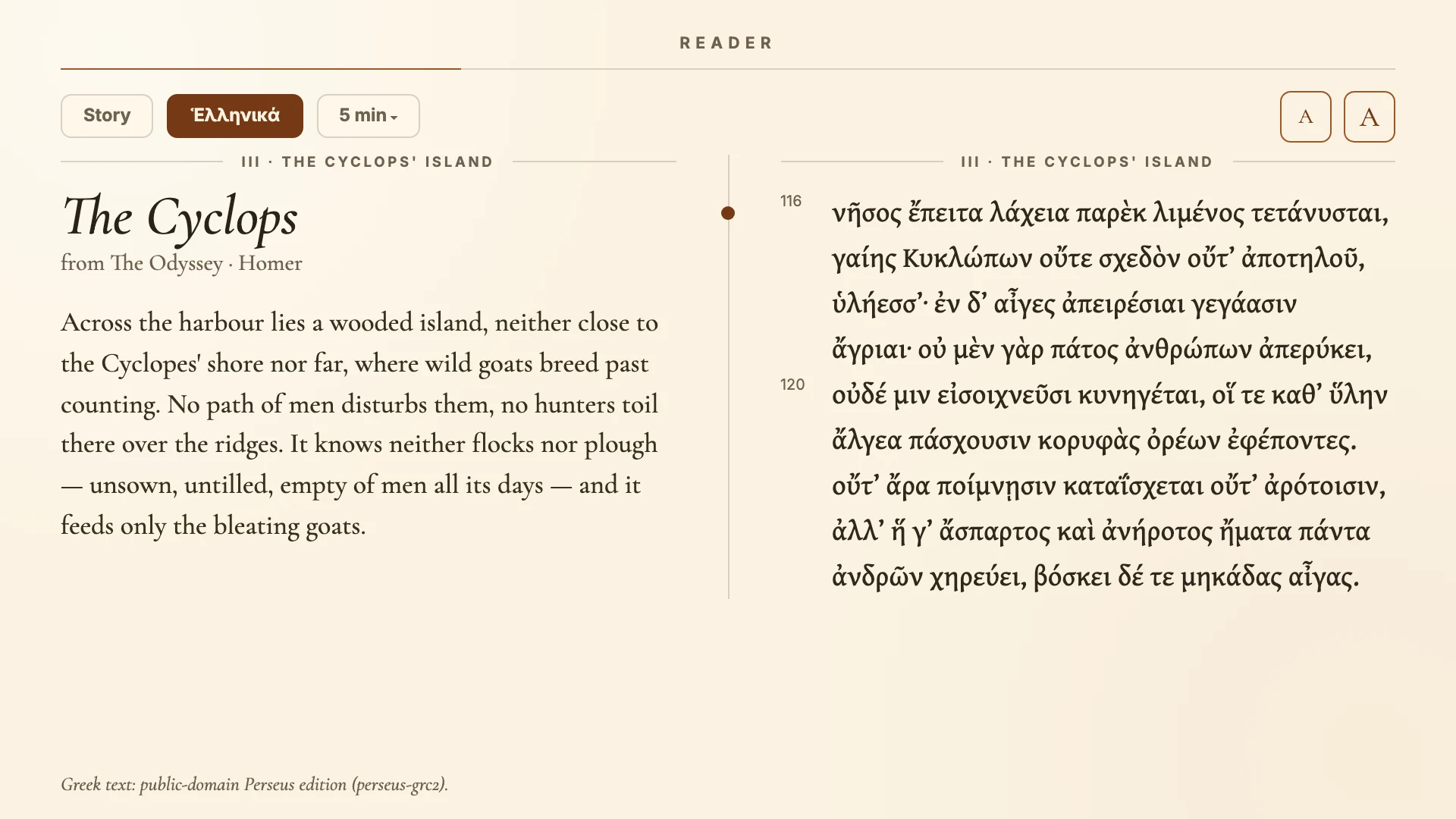 Skald split reader with an English retelling aligned beside the original Greek text.