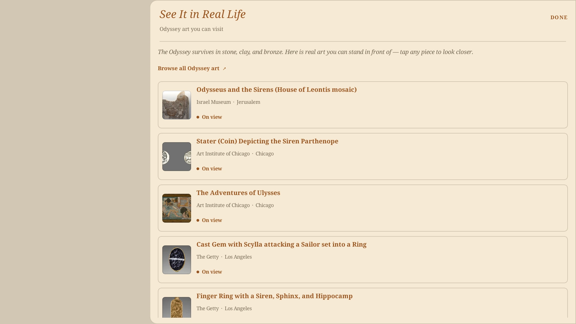 Skald museum guide listing Odyssey-related artworks, their museums, cities, and on-view status.
