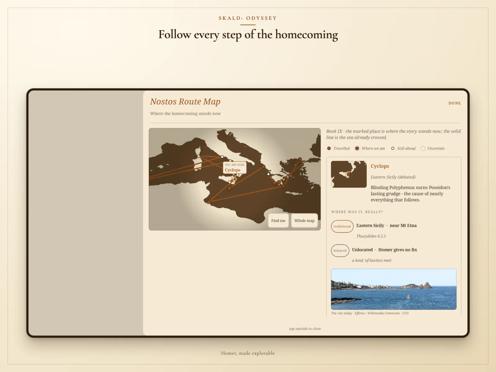 Skald voyage map tracing Odysseus's route from Troy across the Mediterranean and back to Ithaca.