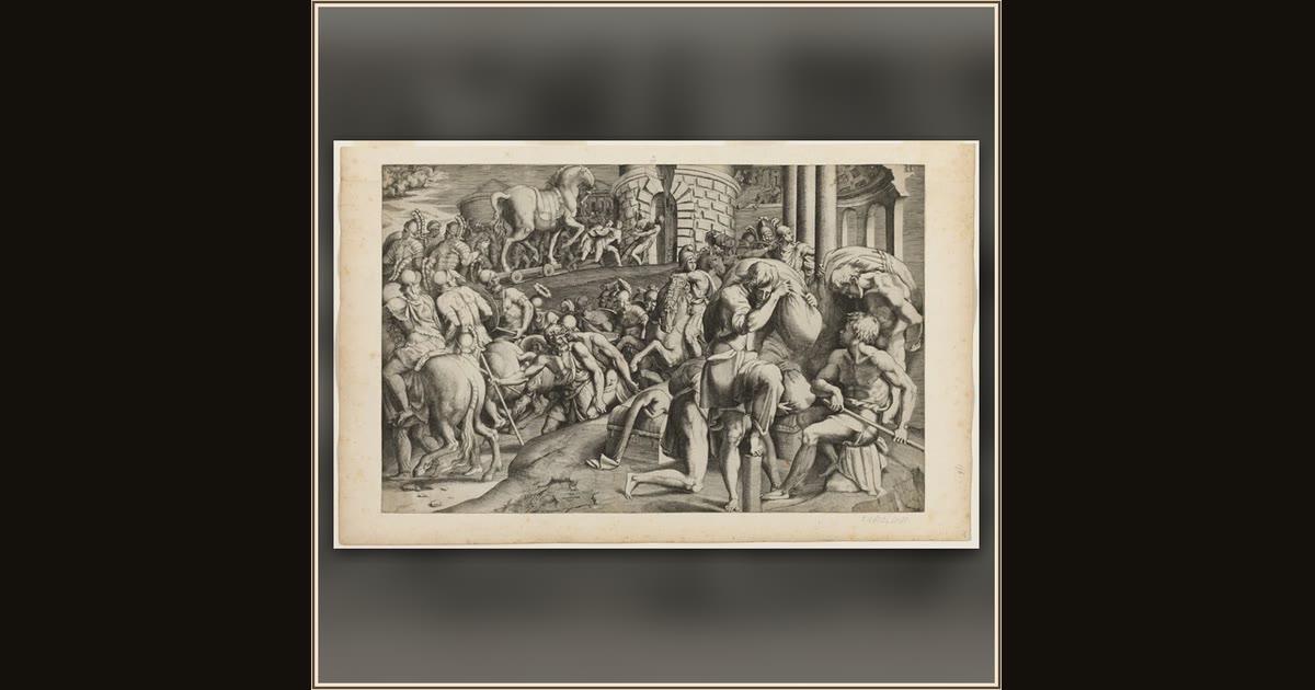 The Trojan Horse Being Dragged into the City of Troy by Giulio Bonasone (Italian, c. 1510–after 1576), after Francesco Primaticcio (Italian, 1504-1570)