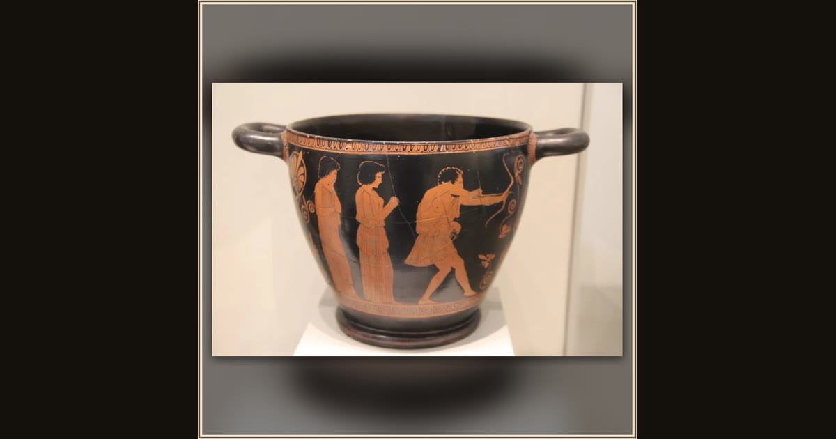 Skyphos: Odysseus slaying the suitors by Penelope Painter, Attic Greek