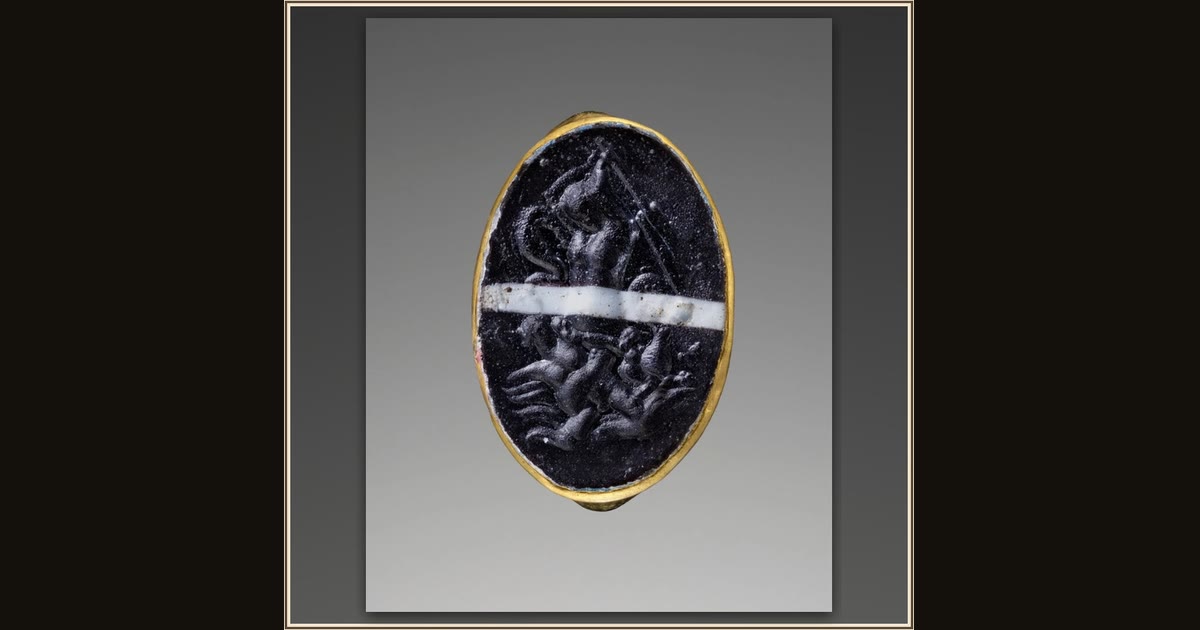 Cast Gem with Scylla attacking a Sailor set into a Ring by Roman (unknown maker)