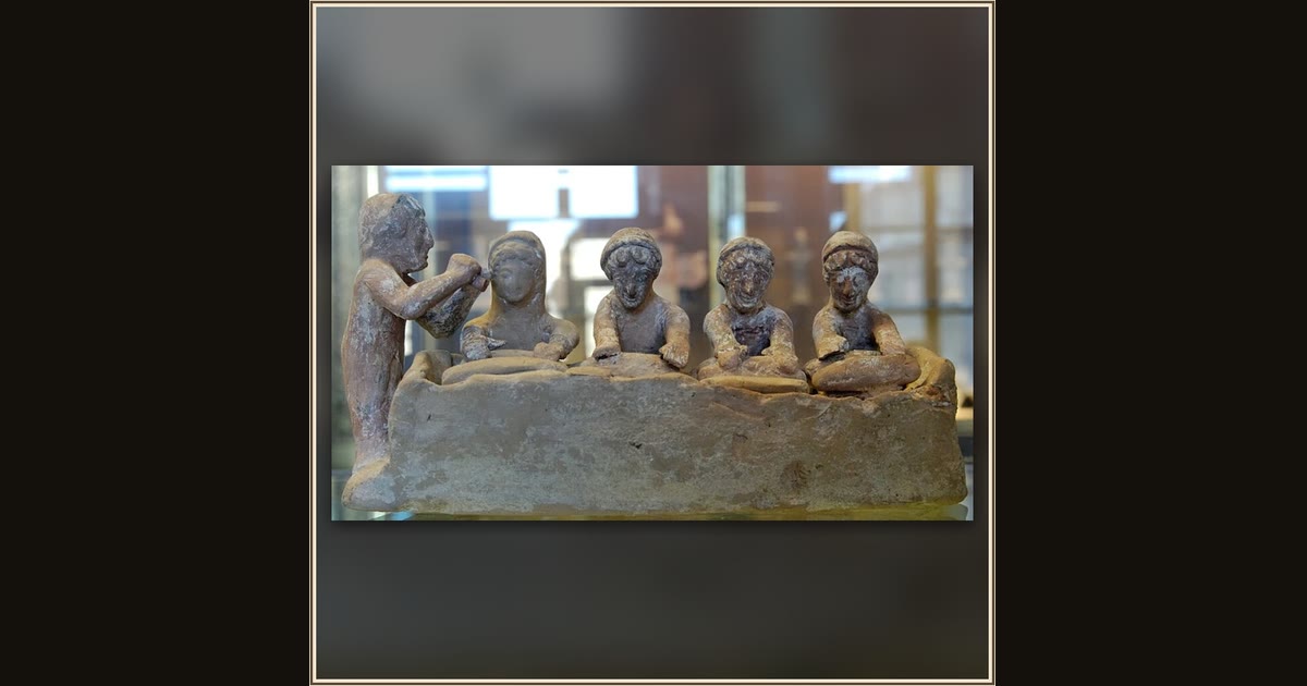 Group of figurines: women kneading dough with a flute-player by Boeotian Greek (unknown maker), from Thebes