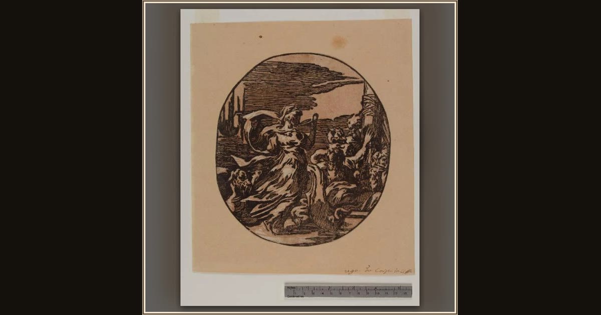 Circe Drinking in the Presence of Ulysses' Companions by Attributed to Antonio da Trento, after Parmigianino; lighter block possibly by Ugo da Carpi