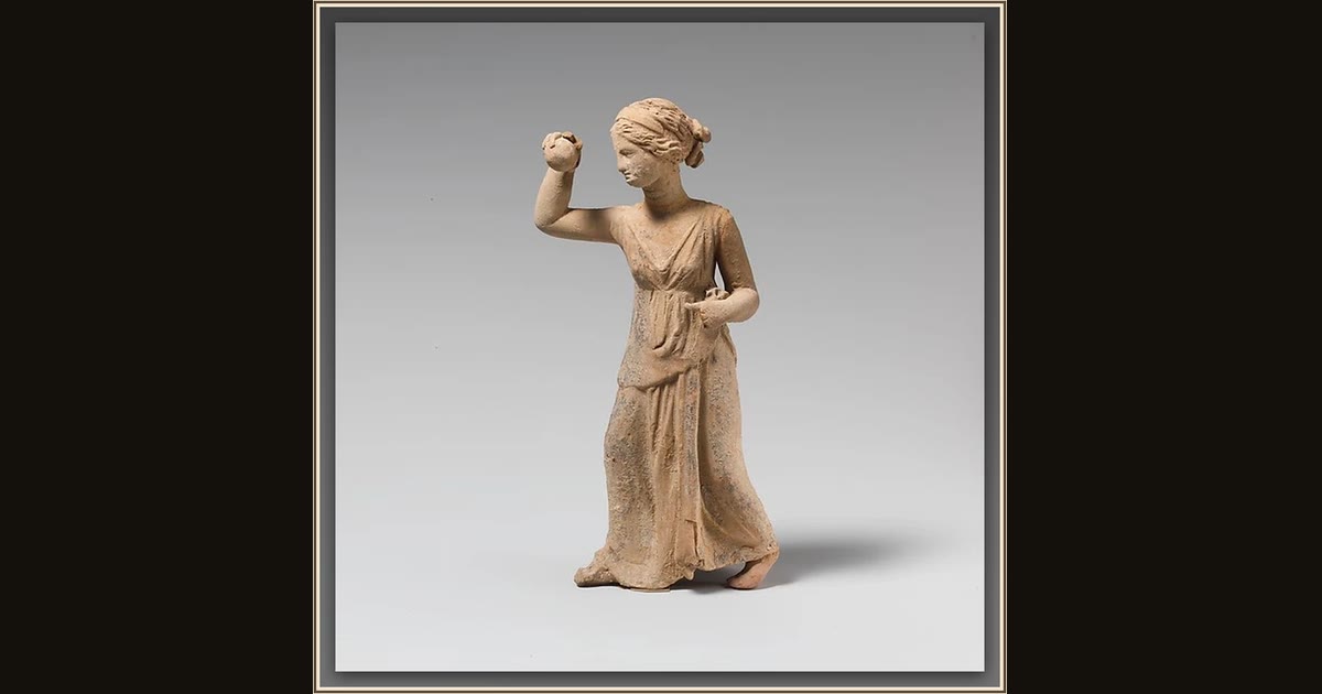 Terracotta statuette of a girl playing ball by Unknown