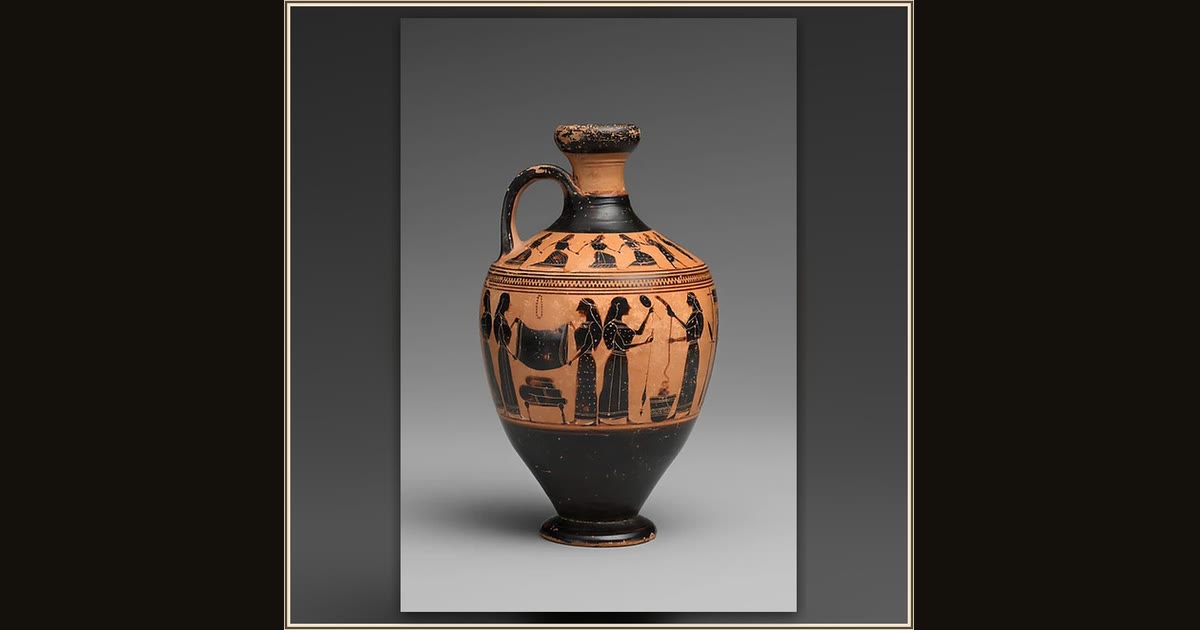 Terracotta lekythos (oil flask) by Attributed to the Amasis Painter