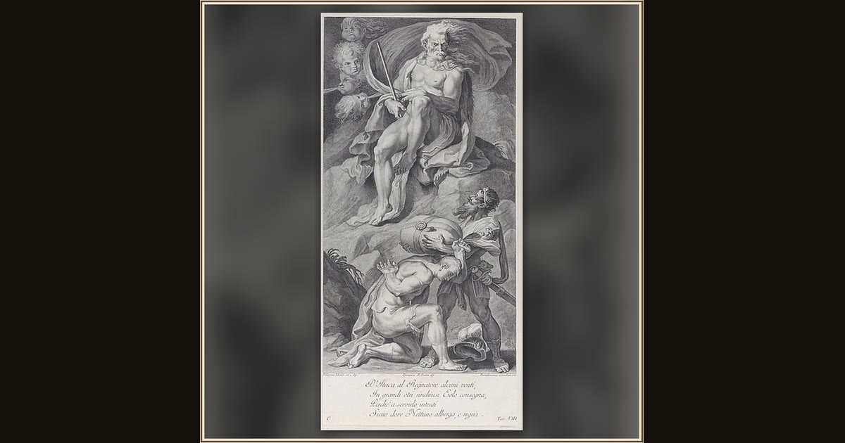 Plate 8: Ulysses receiving the winds in a leather bag from Aeolus by Bartolomeo Crivellari