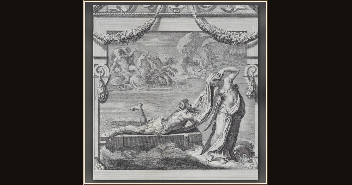 Plate 26: Ulysses escaping on a raft with the aid of the sea deity Leucothea by Bartolomeo Crivellari, after intermediary drawing by Gabriel Söderling, after design by Pellegrino Tibaldi; text by Giampietro Zanotti