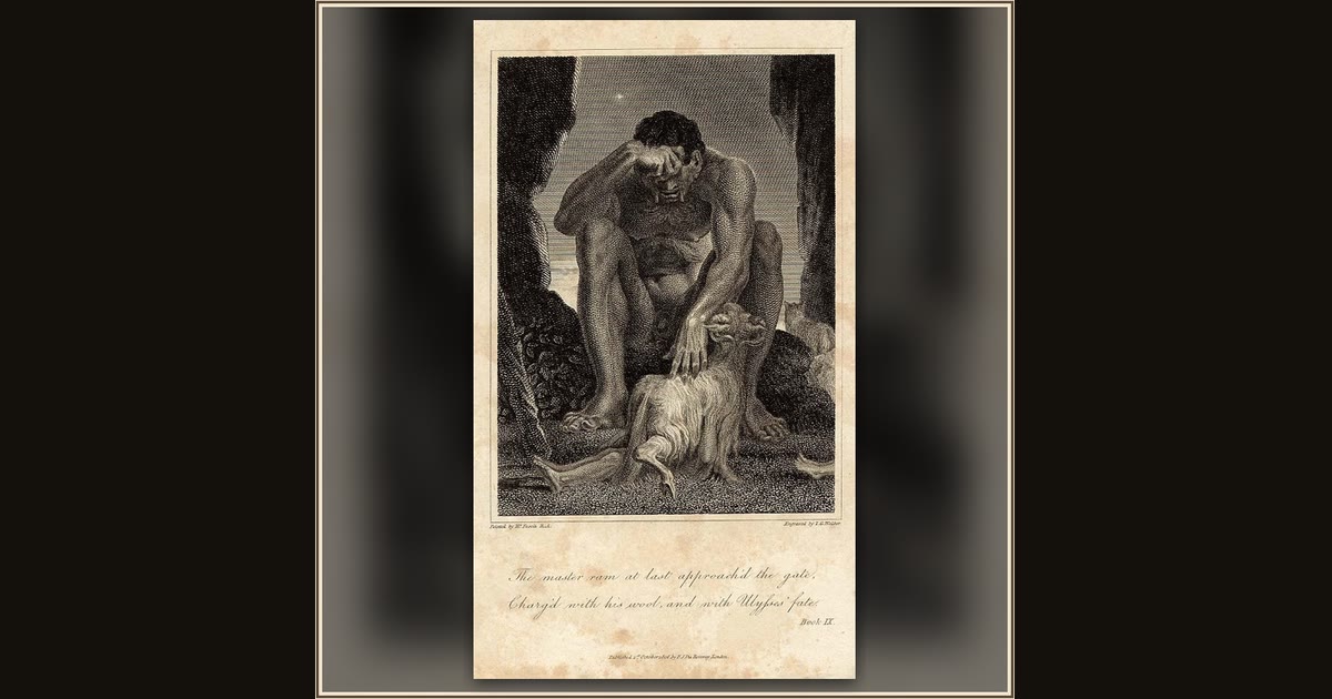 Blinded Polyphemus Checks the Sheep as they leave the Cave by J. G. Walker
