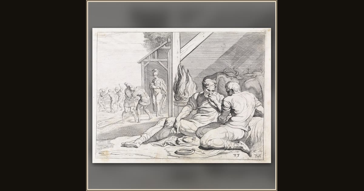 Odysseus and Telemachus in the Hut of Eumaeus by Theodoor van Thulden, after Francesco Primaticcio
