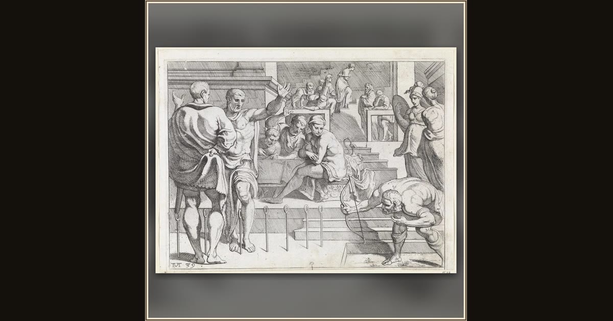 Odysseus shoots the arrow through the twelve axes by Theodoor van Thulden, after Francesco Primaticcio