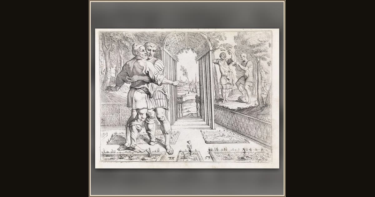 Odysseus embraces Laertes in his vineyard by Theodoor van Thulden, after Francesco Primaticcio