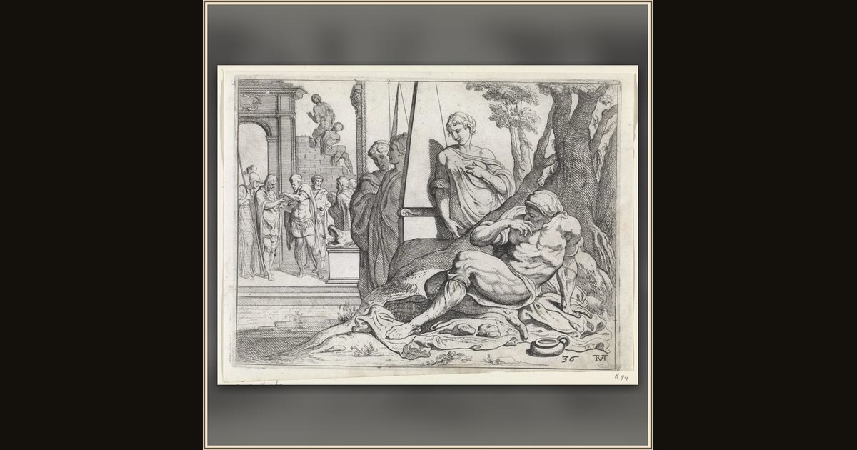 Odysseus as a beggar at the door of his house by Theodoor van Thulden, after Francesco Primaticcio