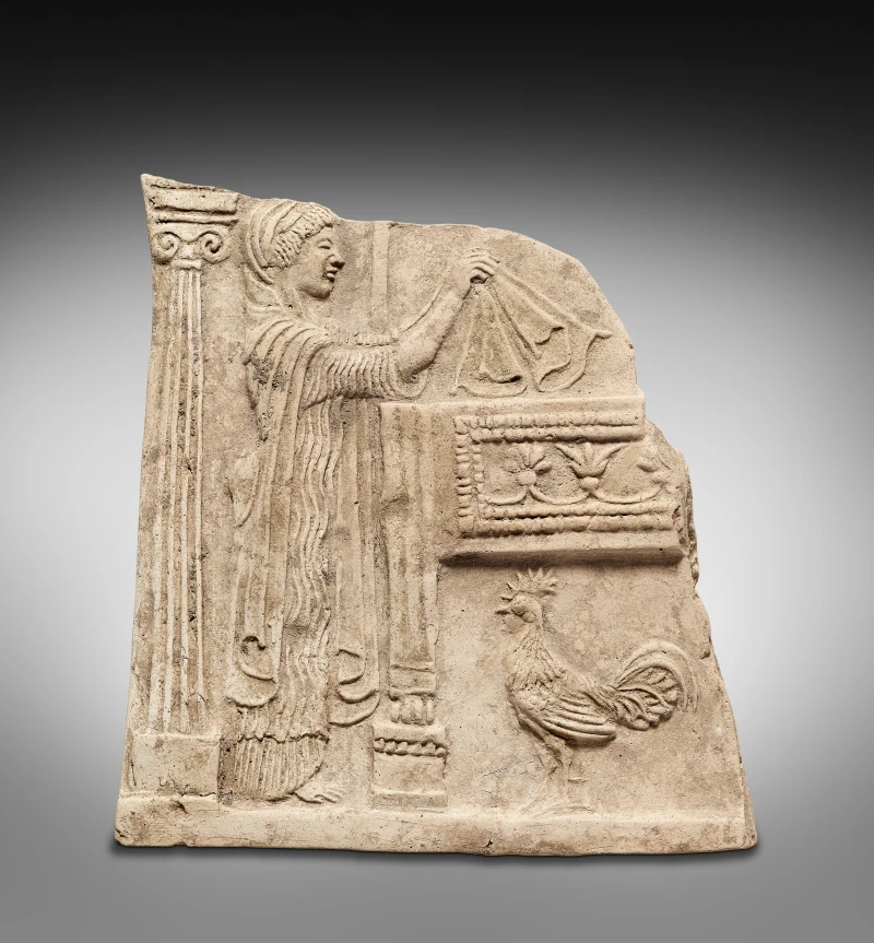 Votive Plaque (Pinax) with Persephone Making her Bridal Bed — Greek, South Italian (Locri Epizephyrii), Cleveland Museum of Art