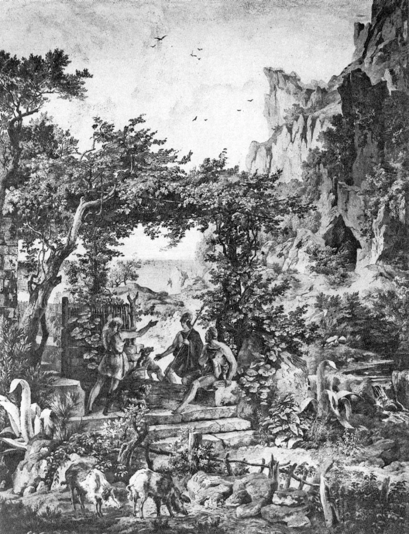 Telemachus Arrives at the Hut of Eumaeus (Bei Eumaios) — Friedrich Preller the Elder, Römisches Haus, Leipzig